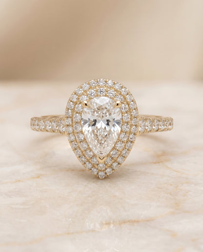 The Britney Double Halo Pear Engagement Ring Setting in 18K Yellow Gold