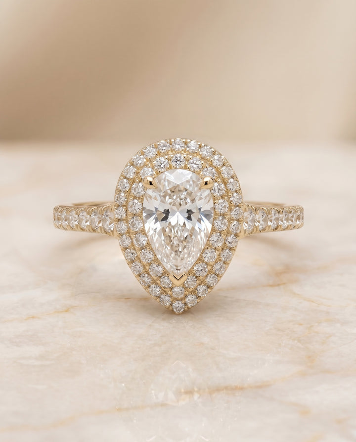 The Britney Double Halo Pear Engagement Ring Setting in 18K Yellow Gold