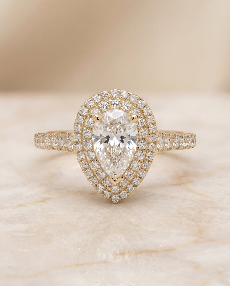 The Britney Double Halo Pear Engagement Ring Setting in 18K Yellow Gold