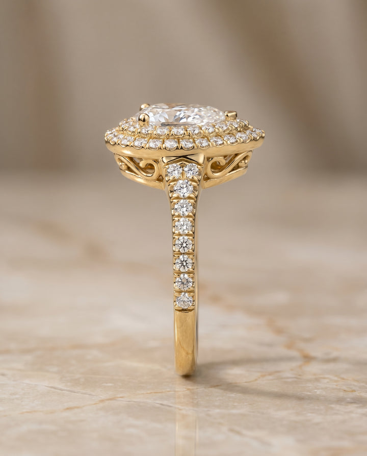 The Britney Double Halo Pear Engagement Ring Setting in 18K Yellow Gold