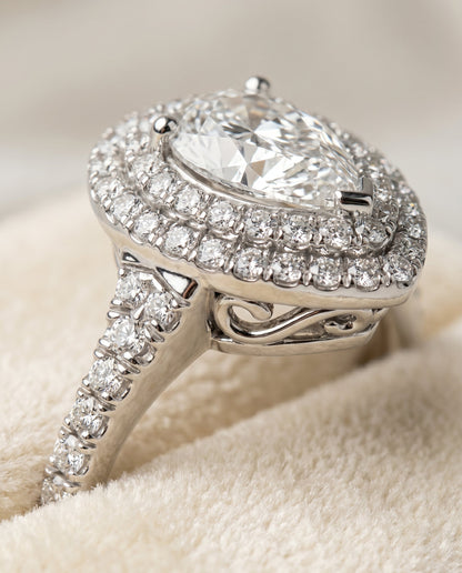 Britney Select Double Halo Pear Lab Diamond Engagement Ring in Platinum, detail view | RockHer