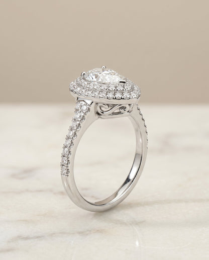 Britney Select Double Halo Pear Lab Diamond Engagement Ring in Platinum, front view | RockHer