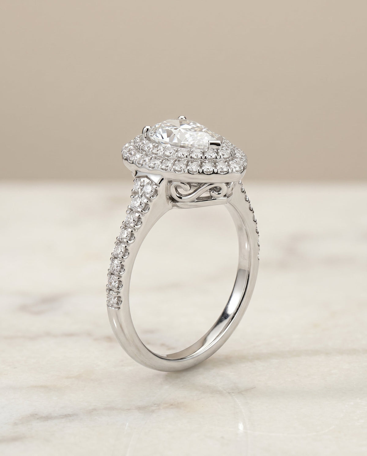 Britney Select Double Halo Pear Lab Diamond Engagement Ring in 18K White Gold, front view | RockHer