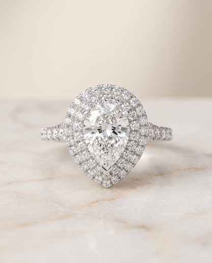 Britney Select Double Halo Pear Lab Diamond Engagement Ring in 18K White Gold, shown on hand, angled | RockHer