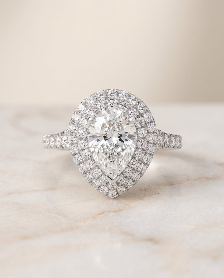 The Britney Select Double Halo Pear Lab Diamond Engagement Ring in Platinum