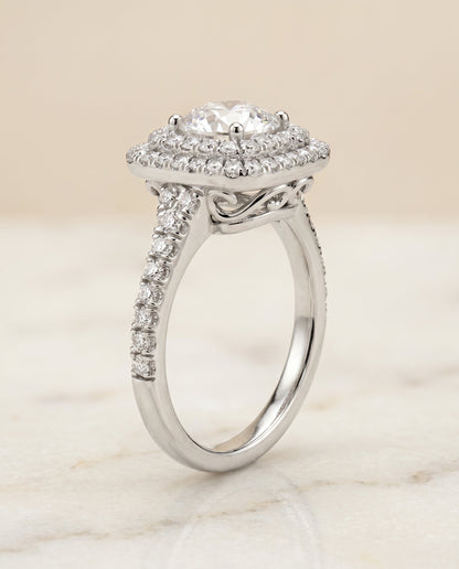 Britney Select Double Halo Round Lab Diamond Engagement Ring in Platinum, front view | RockHer