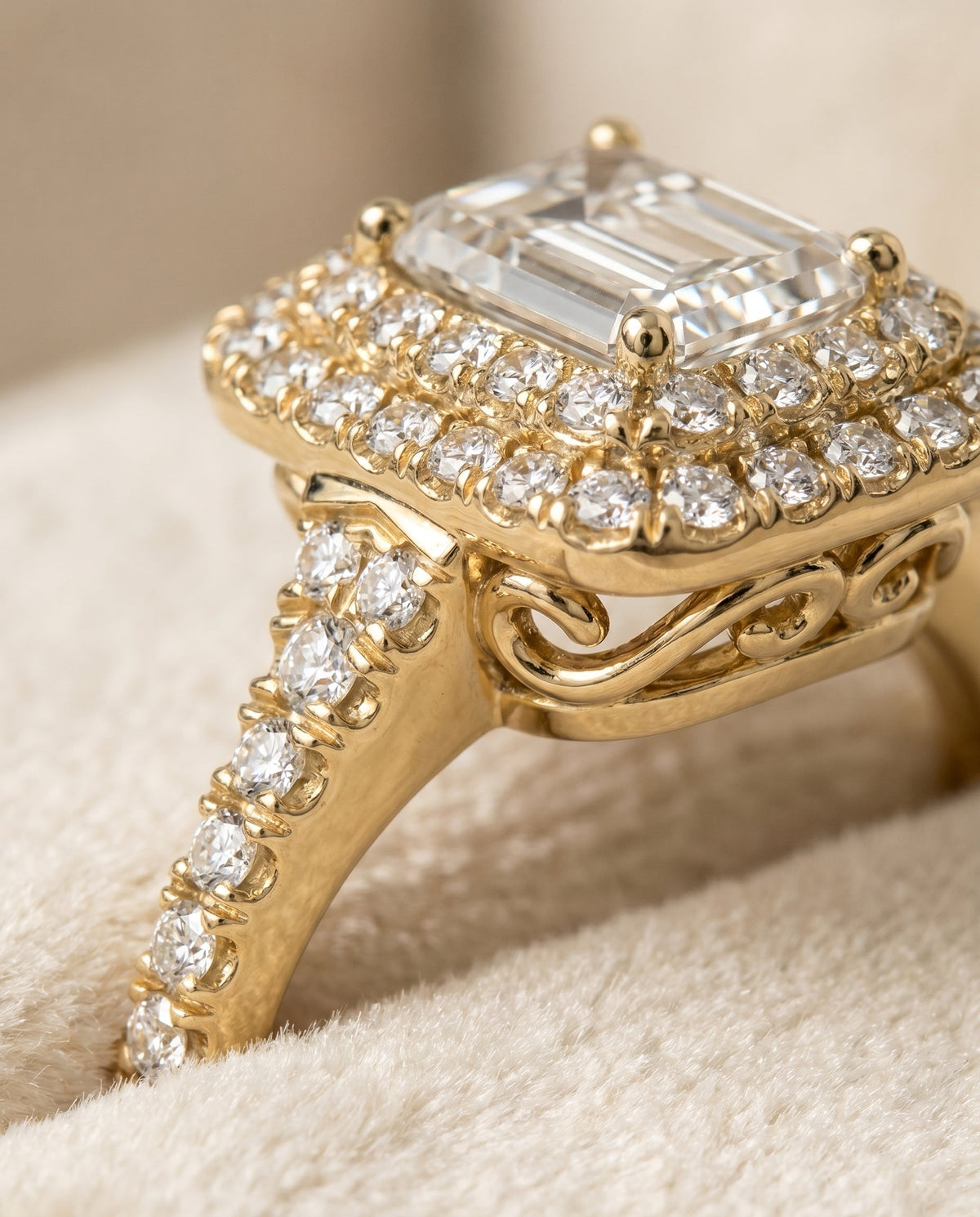 Britney Select Double Halo Emerald Cut Lab Diamond Engagement Ring in 18K Yellow Gold, detail view | RockHer
