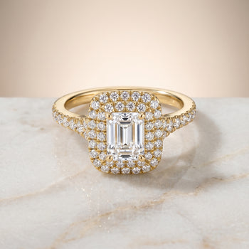 The Britney Double Halo Emerald Cut Engagement Ring Setting in 18K Yellow Gold