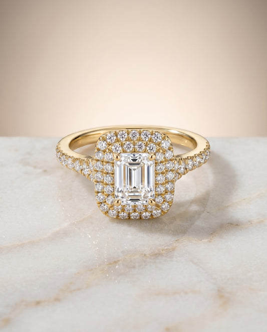 The Britney Scalloped Pavé Halo Engagement Ring Setting for Emerald Cut Diamonds in 18K Yellow Gold