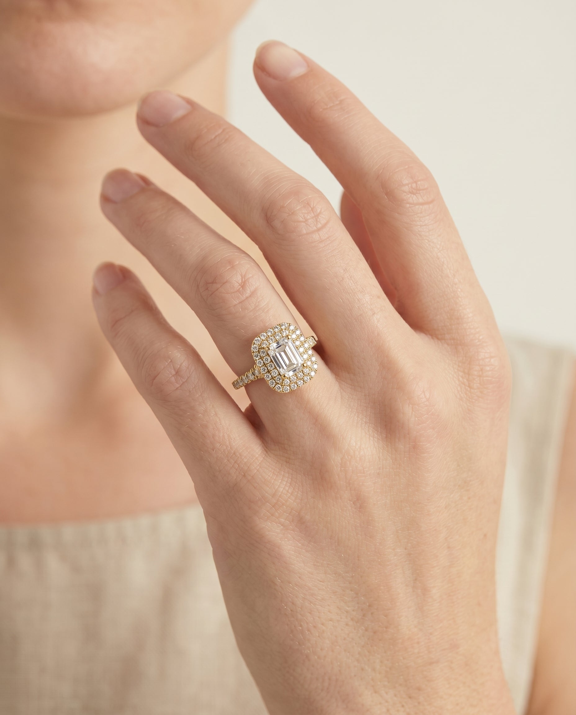 The Britney engagement ring setting in 18K Yellow Gold, double halo cut design | RockHer