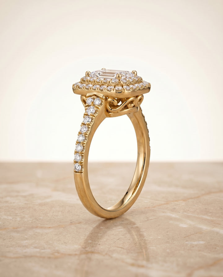 The Britney Scalloped Pavé Halo Engagement Ring Setting for Emerald Cut Diamonds in 18K Yellow Gold