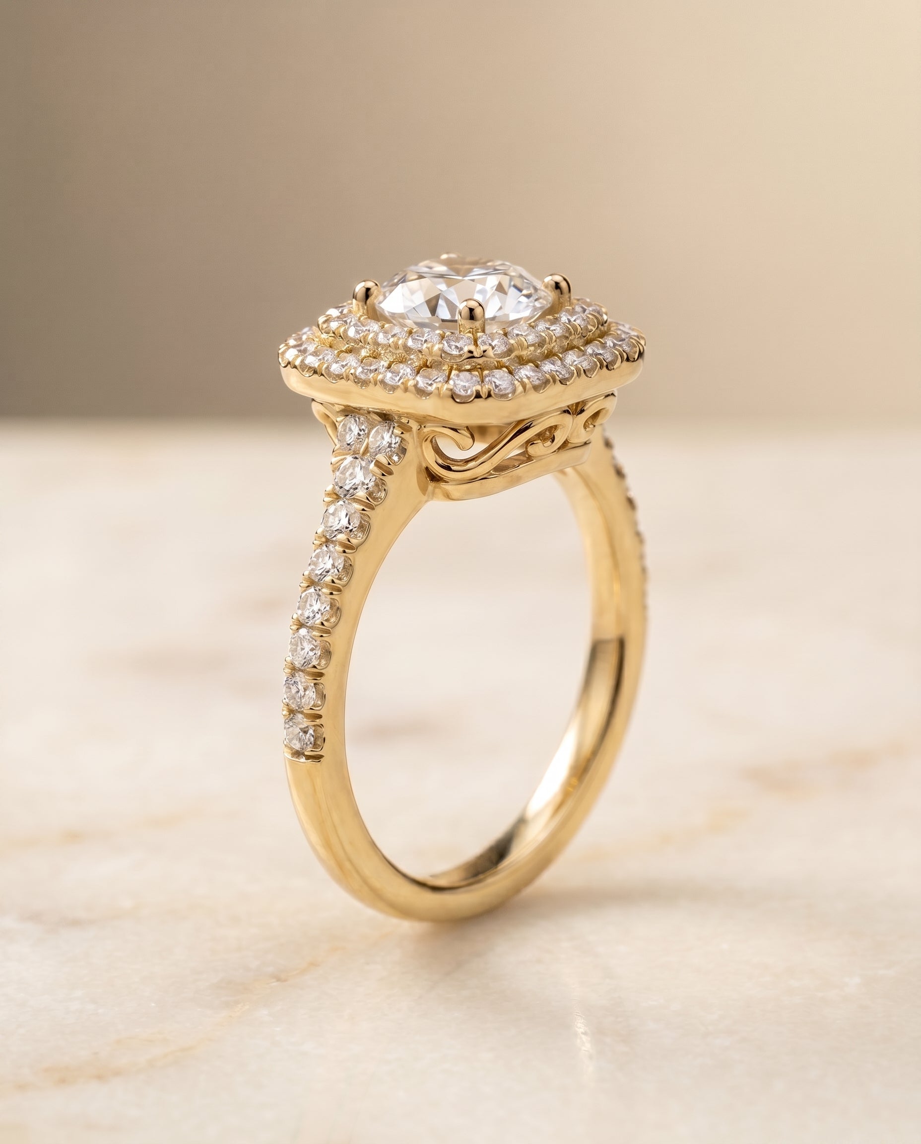 Double Halo styling on The Britney round engagement ring setting | RockHer
