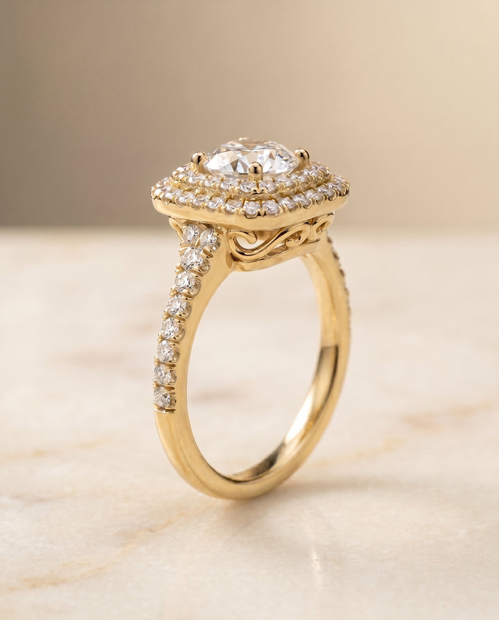 The Britney Scalloped Pavé Halo Engagement Ring Setting for Round Diamonds in 18K Yellow Gold