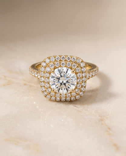 Britney Select Double Halo Round Lab Diamond Engagement Ring in 18K Yellow Gold, shown on hand, angled | RockHer