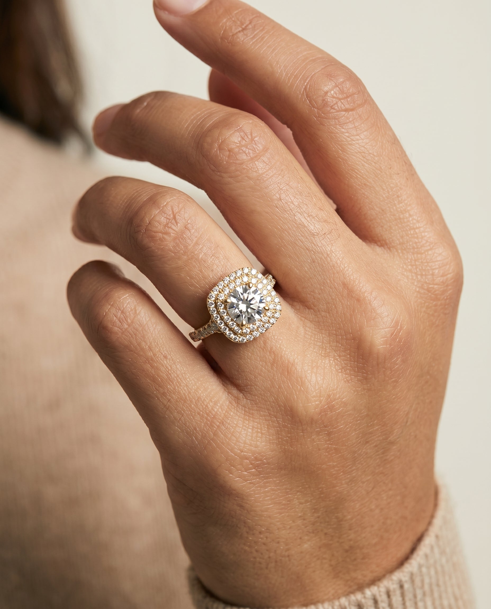 The Britney engagement ring setting in 18K Yellow Gold, double halo design | RockHer