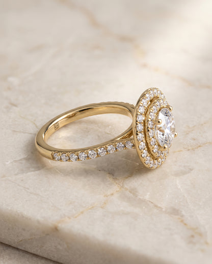 The Cadence Double Halo Round Engagement Ring Setting in 18K Yellow Gold