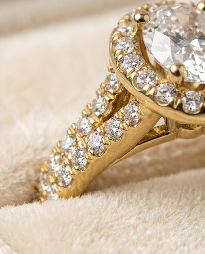 Calliope Select Halo Oval Lab Diamond Engagement Ring in 18K Yellow Gold, detail view | RockHer