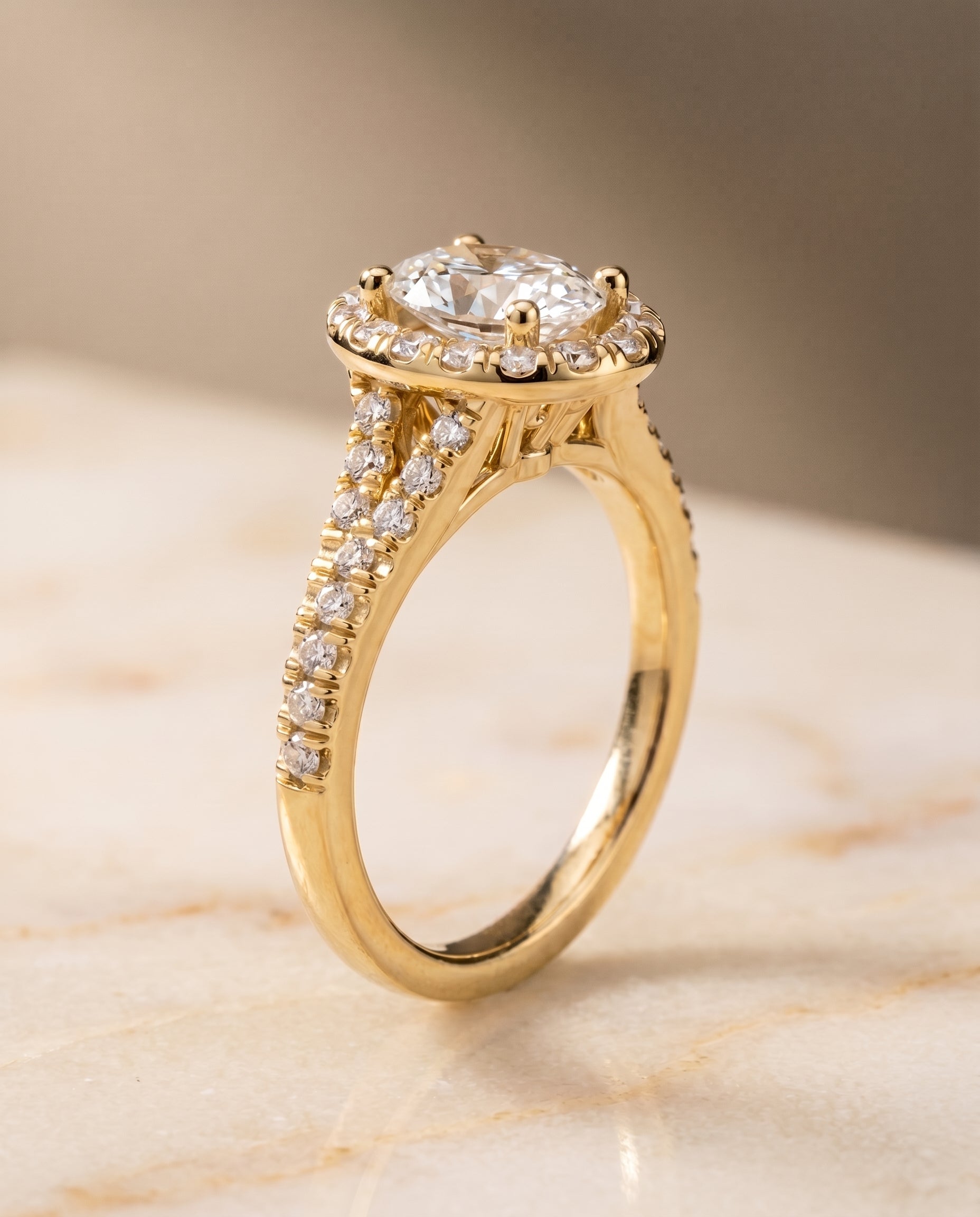 Petite Split Shank Halo styling on The Calliope oval engagement ring setting | RockHer