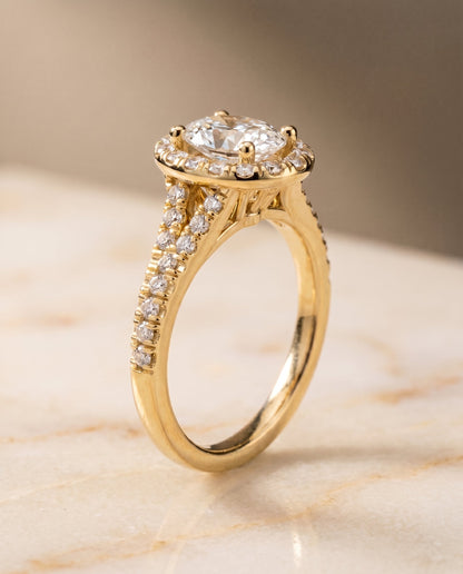 Calliope Select Halo Oval Lab Diamond Engagement Ring in 18K Yellow Gold, front view | RockHer