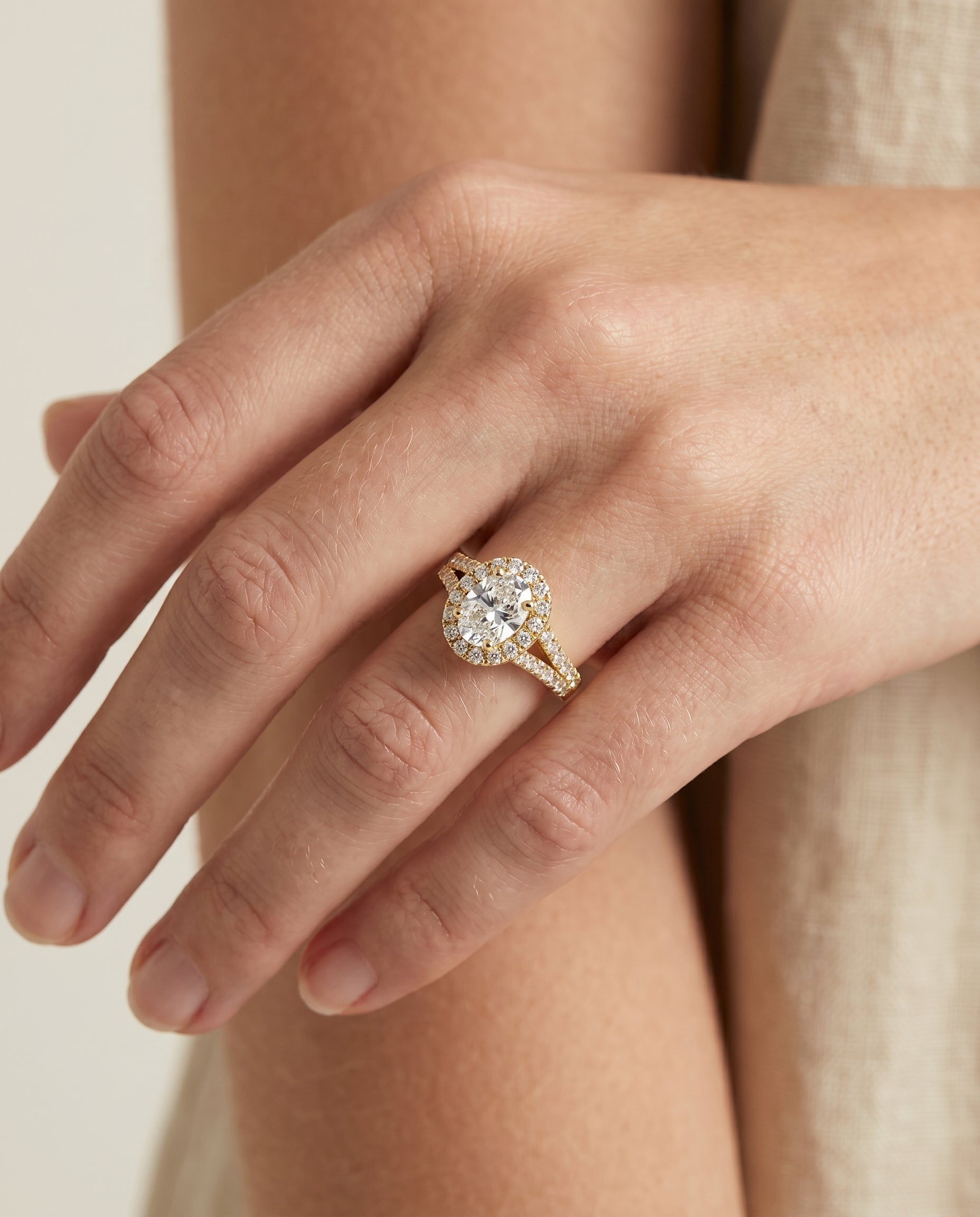 The Calliope engagement ring setting in 18K Yellow Gold, petite split shank halo design | RockHer