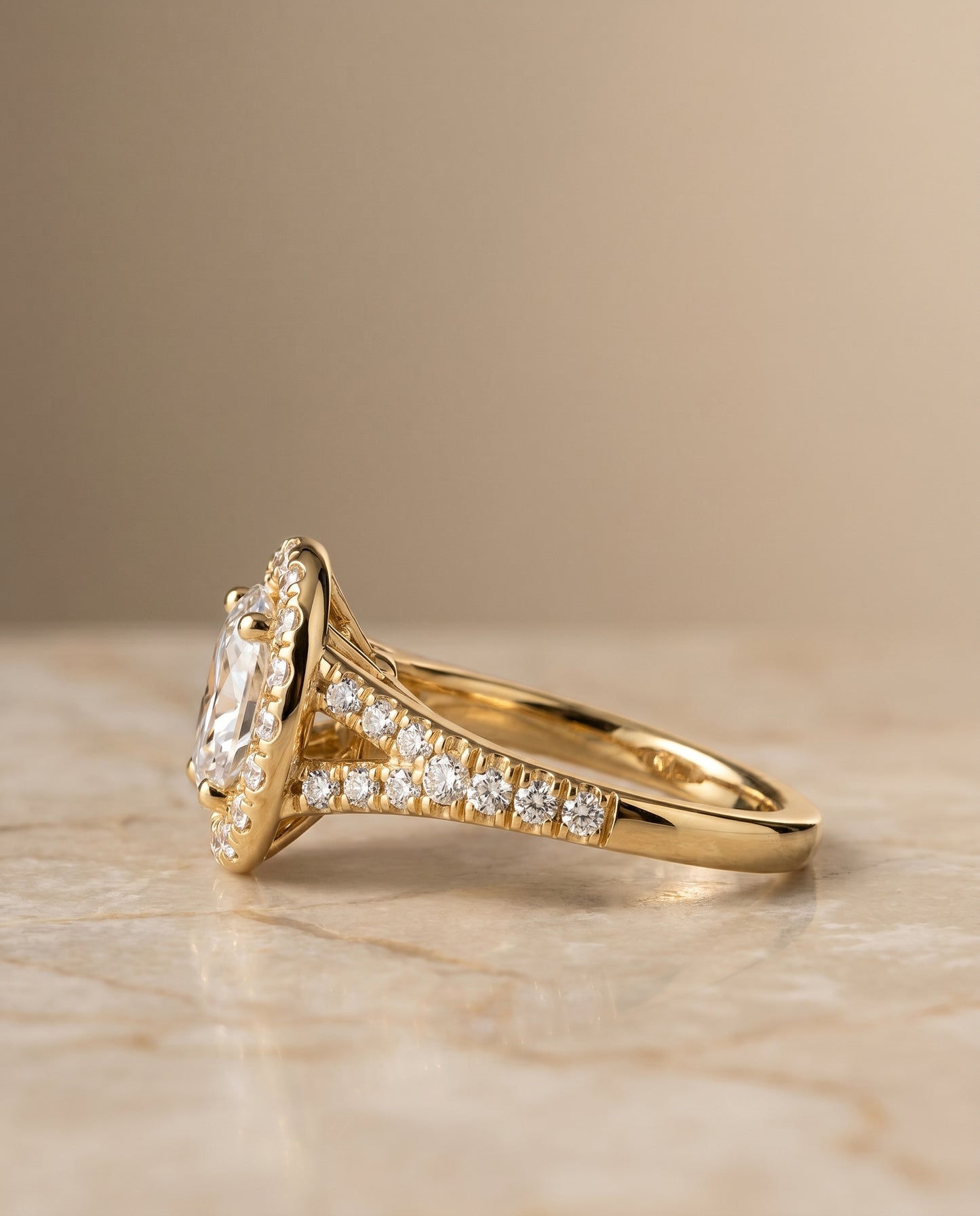 The Calliope Petite Split Shank Halo Oval Engagement Ring Setting in 18K Yellow Gold