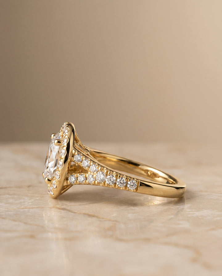 The Calliope Petite Split Shank Halo Oval Engagement Ring Setting in 18K Yellow Gold