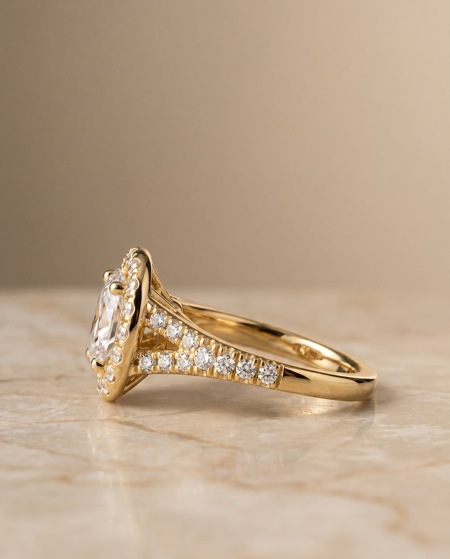 Calliope Select Halo Oval Lab Diamond Engagement Ring in 18K Yellow Gold, side view | RockHer
