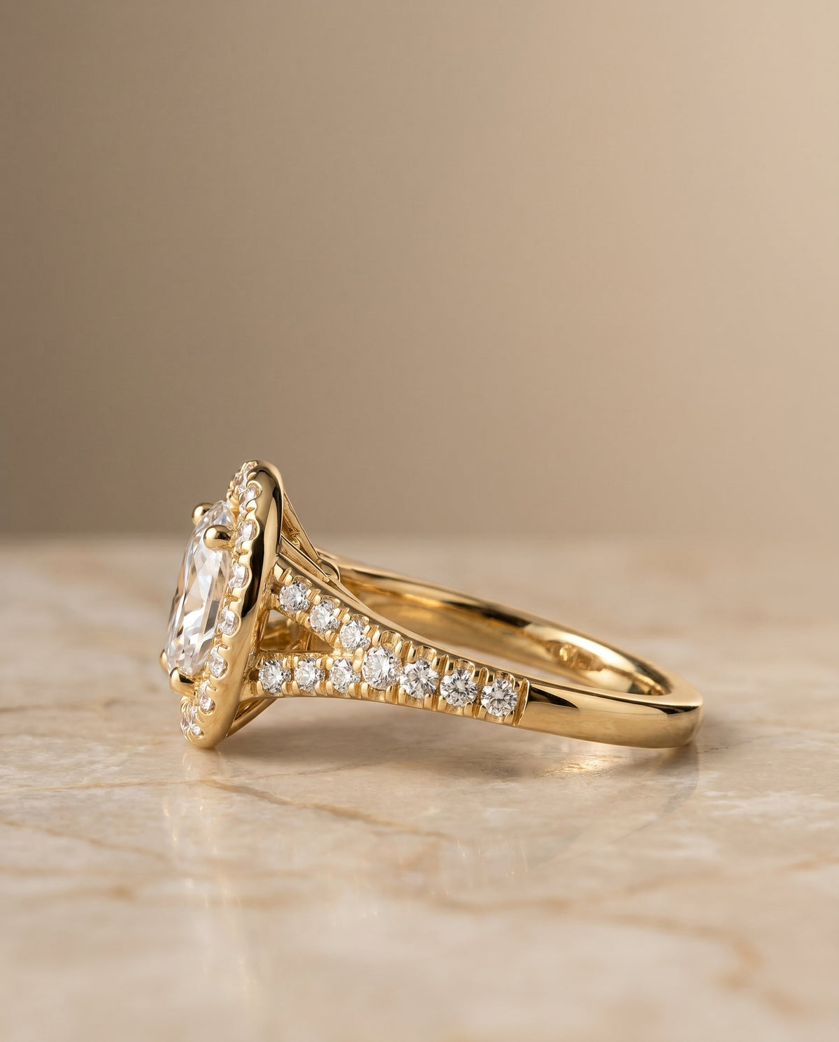 Calliope Select Halo Oval Lab Diamond Engagement Ring in 18K Yellow Gold, side view | RockHer