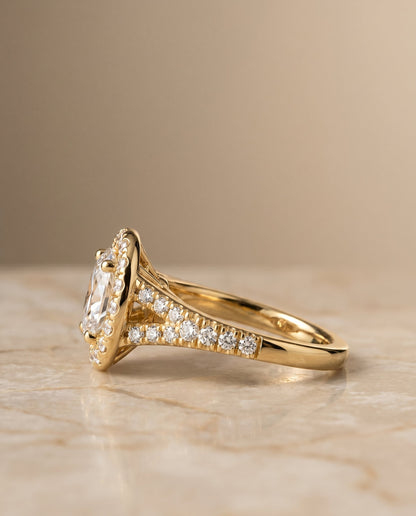 Calliope Select Halo Oval Lab Diamond Engagement Ring in 18K Yellow Gold, side view | RockHer