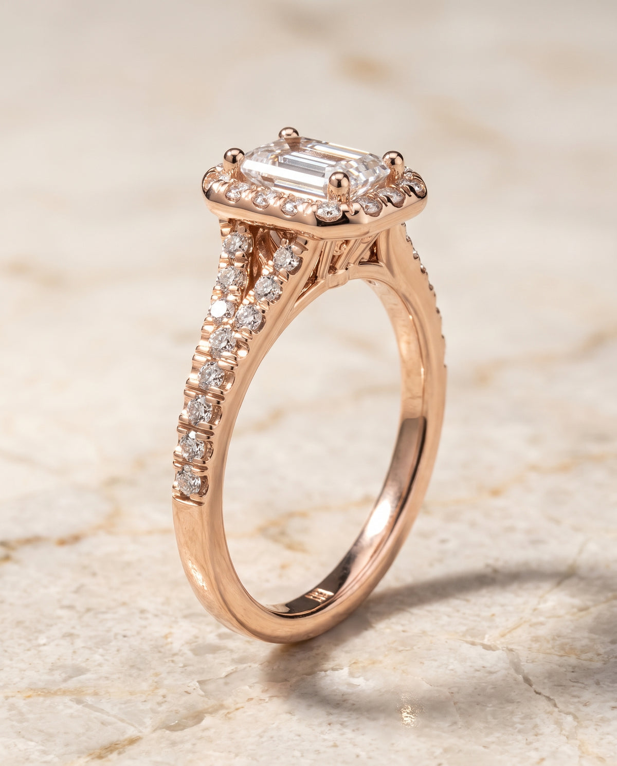 The Calliope Petite Split Shank Halo Emerald Cut Engagement Ring Setting in 14K Rose Gold