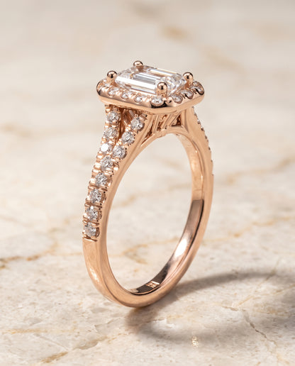 The Calliope Petite Split Shank Halo Emerald Cut Engagement Ring Setting in 14K Rose Gold