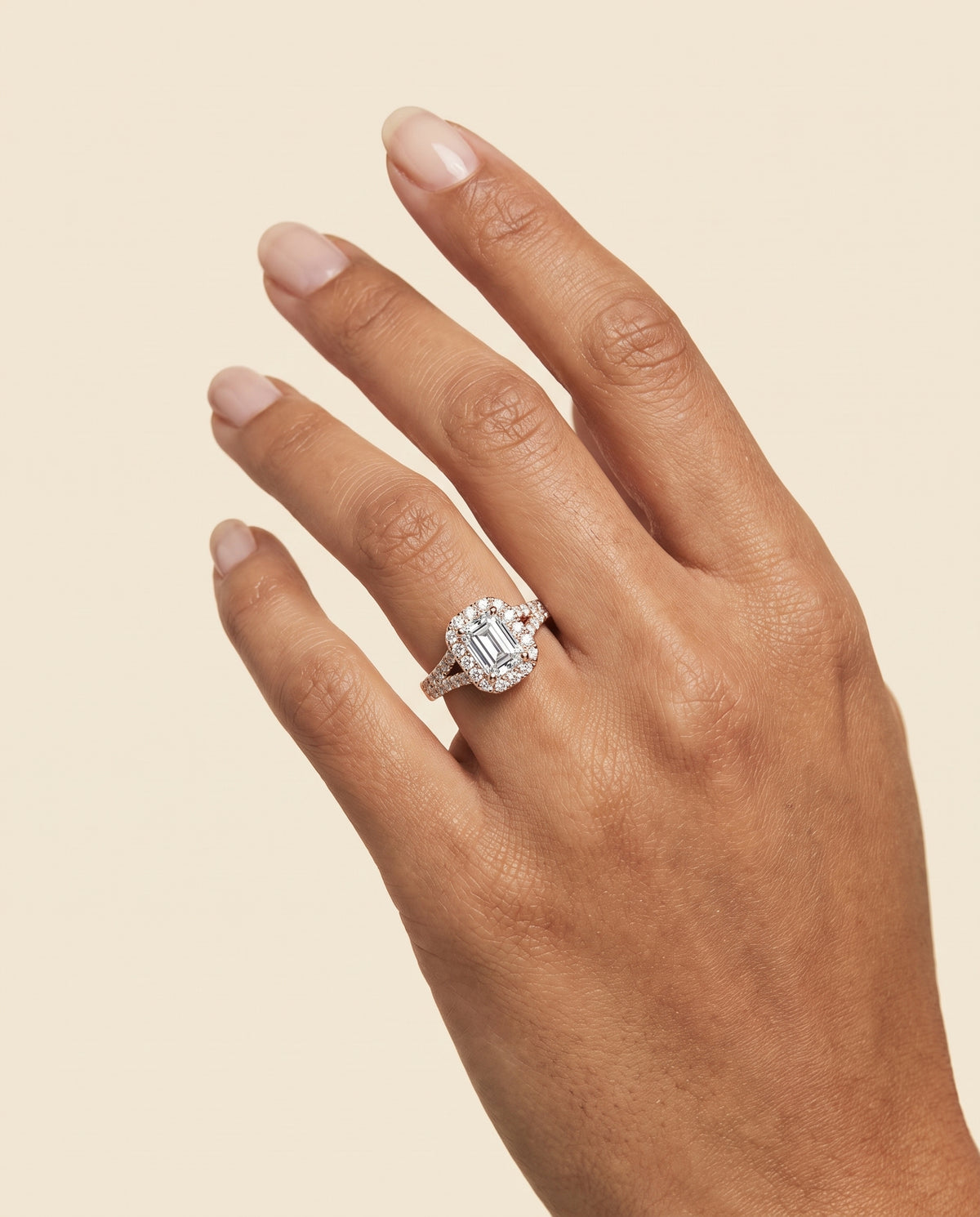 The Calliope Petite Split Shank Halo Emerald Cut Engagement Ring Setting in 14K Rose Gold