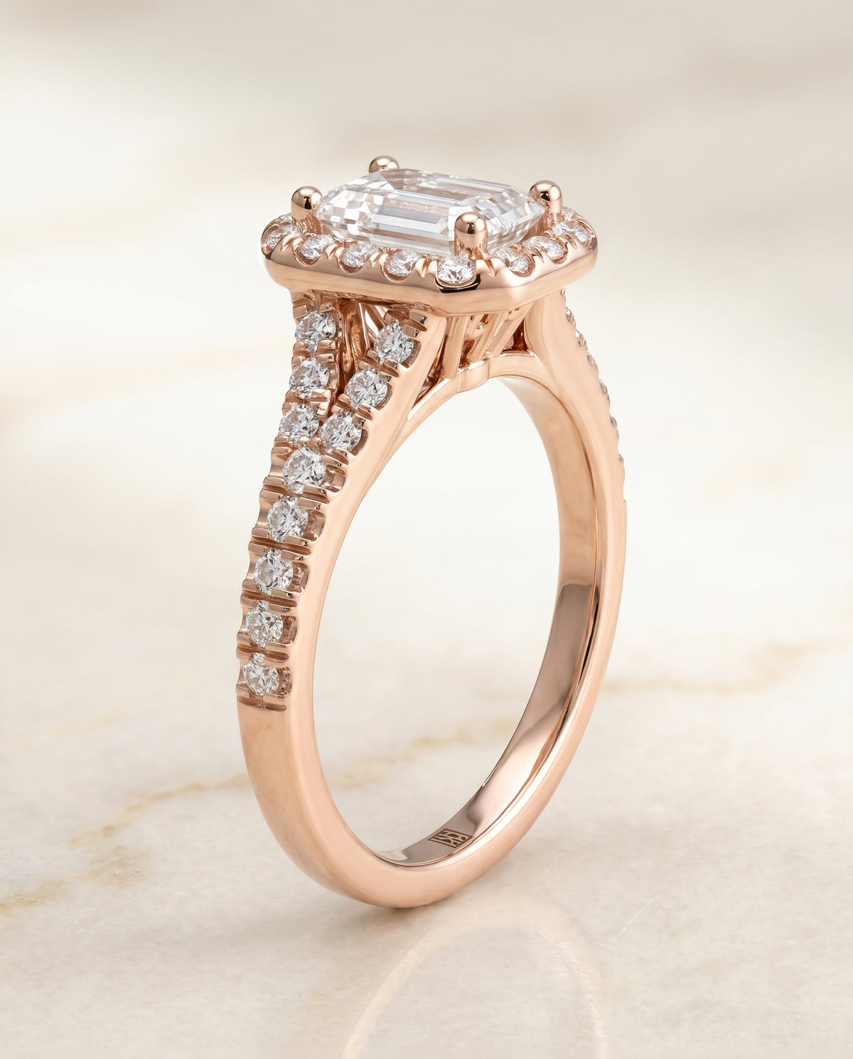 The Calliope Petite Split Shank Halo Emerald Cut Engagement Ring Setting in 14K Rose Gold