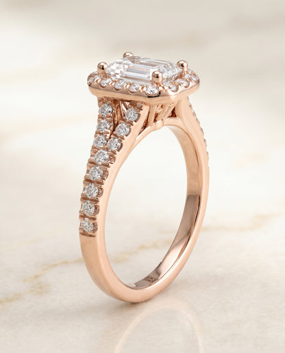The Calliope Petite Split Shank Halo Emerald Cut Engagement Ring Setting in 14K Rose Gold