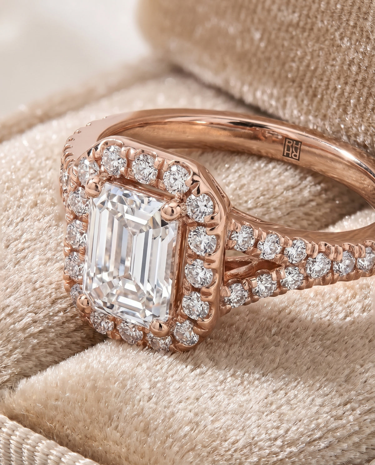 The Calliope Petite Split Shank Halo Emerald Cut Engagement Ring Setting in 14K Rose Gold