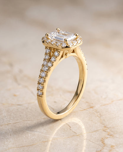 The Calliope Petite Split Shank Halo Emerald Cut Engagement Ring Setting in 18K Yellow Gold