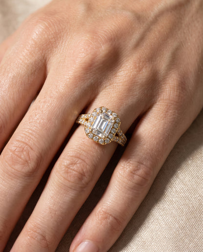 The Calliope Petite Split Shank Halo Emerald Cut Engagement Ring Setting in 18K Yellow Gold