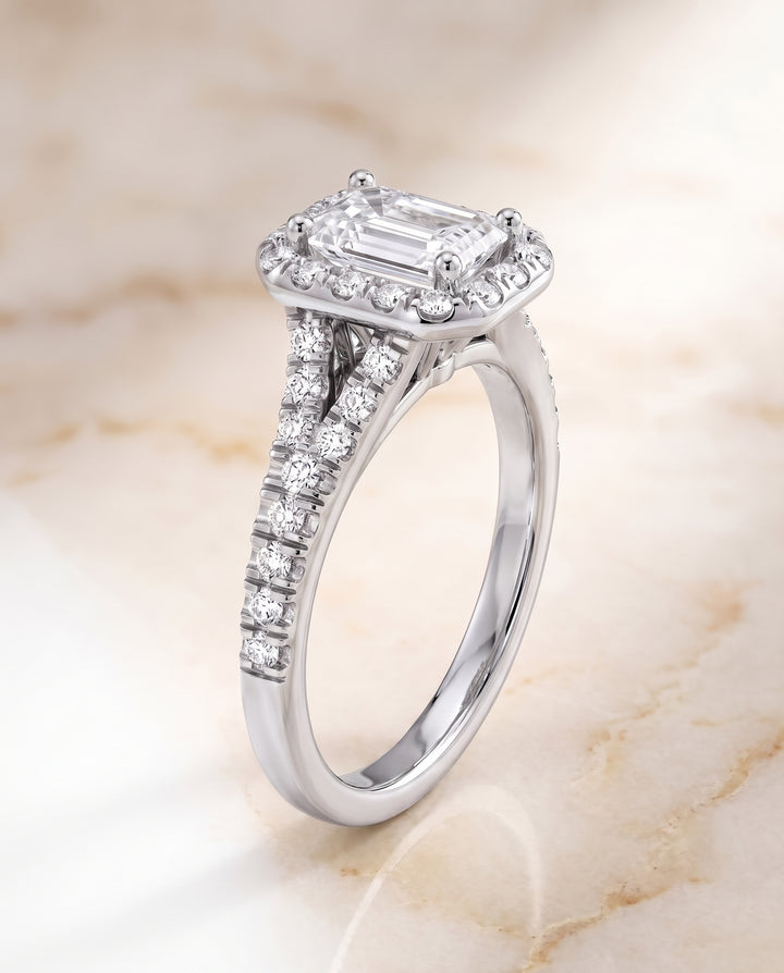 The Calliope Petite Split Shank Halo Emerald Cut Engagement Ring Setting in Platinum