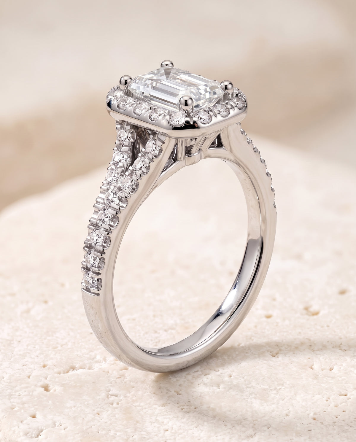 The Calliope Petite Split Shank Halo Emerald Cut Engagement Ring Setting in 18K White Gold