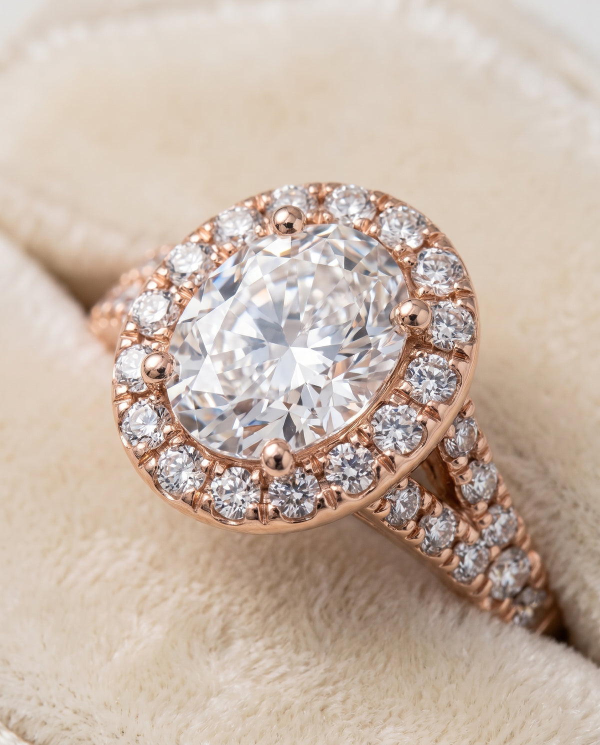 The Calliope Petite Split Shank Halo Oval Engagement Ring Setting in 14K Rose Gold