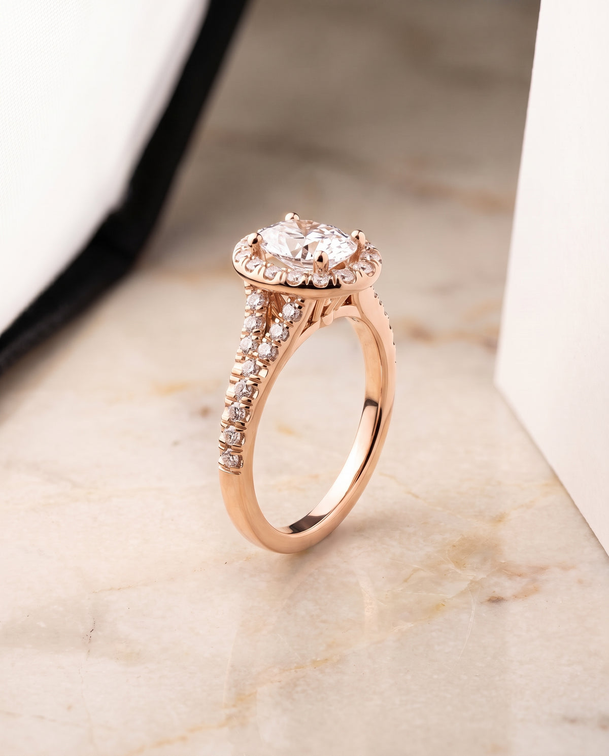 The Calliope Petite Split Shank Halo Oval Engagement Ring Setting in 14K Rose Gold