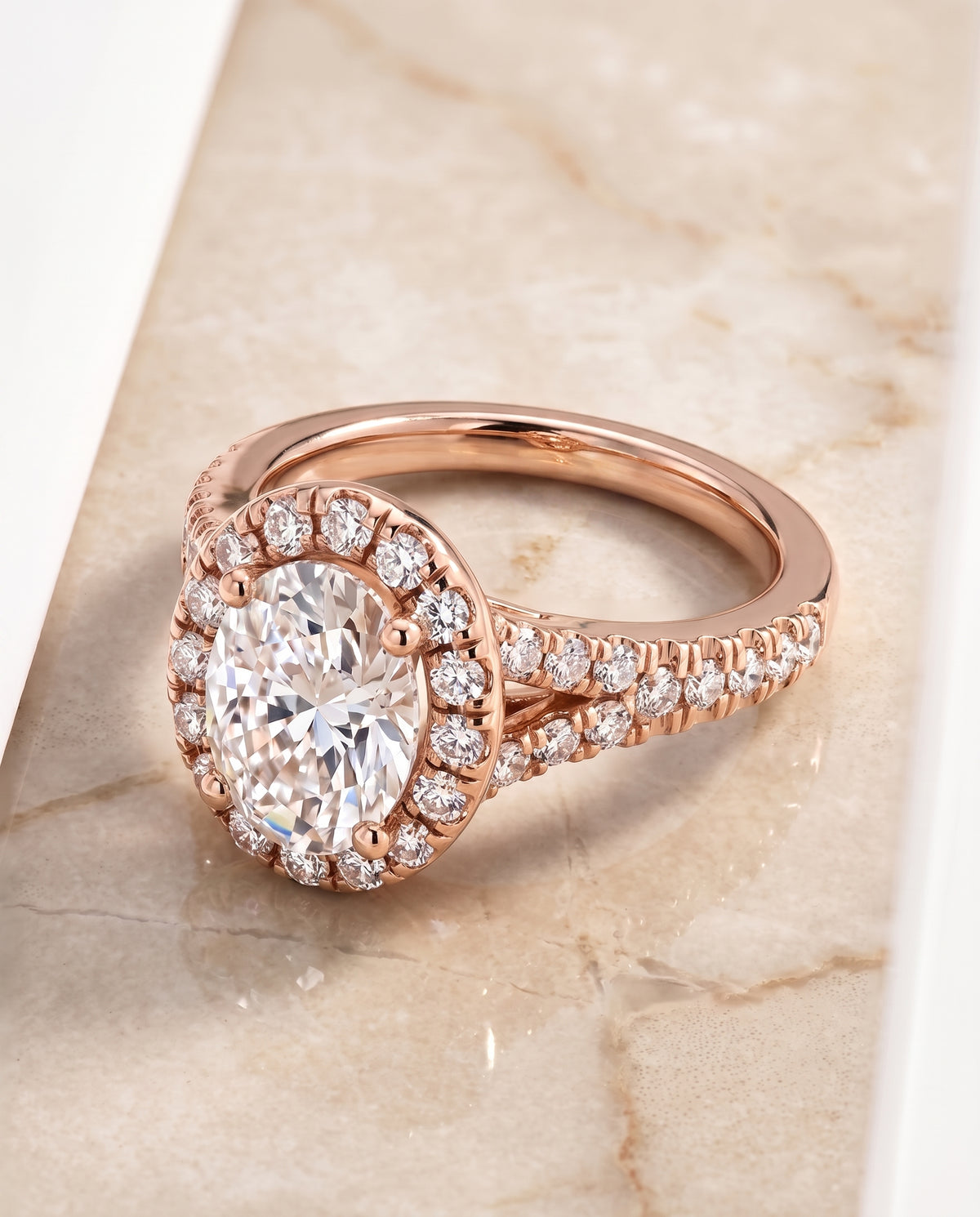 The Calliope Petite Split Shank Halo Oval Engagement Ring Setting in 14K Rose Gold