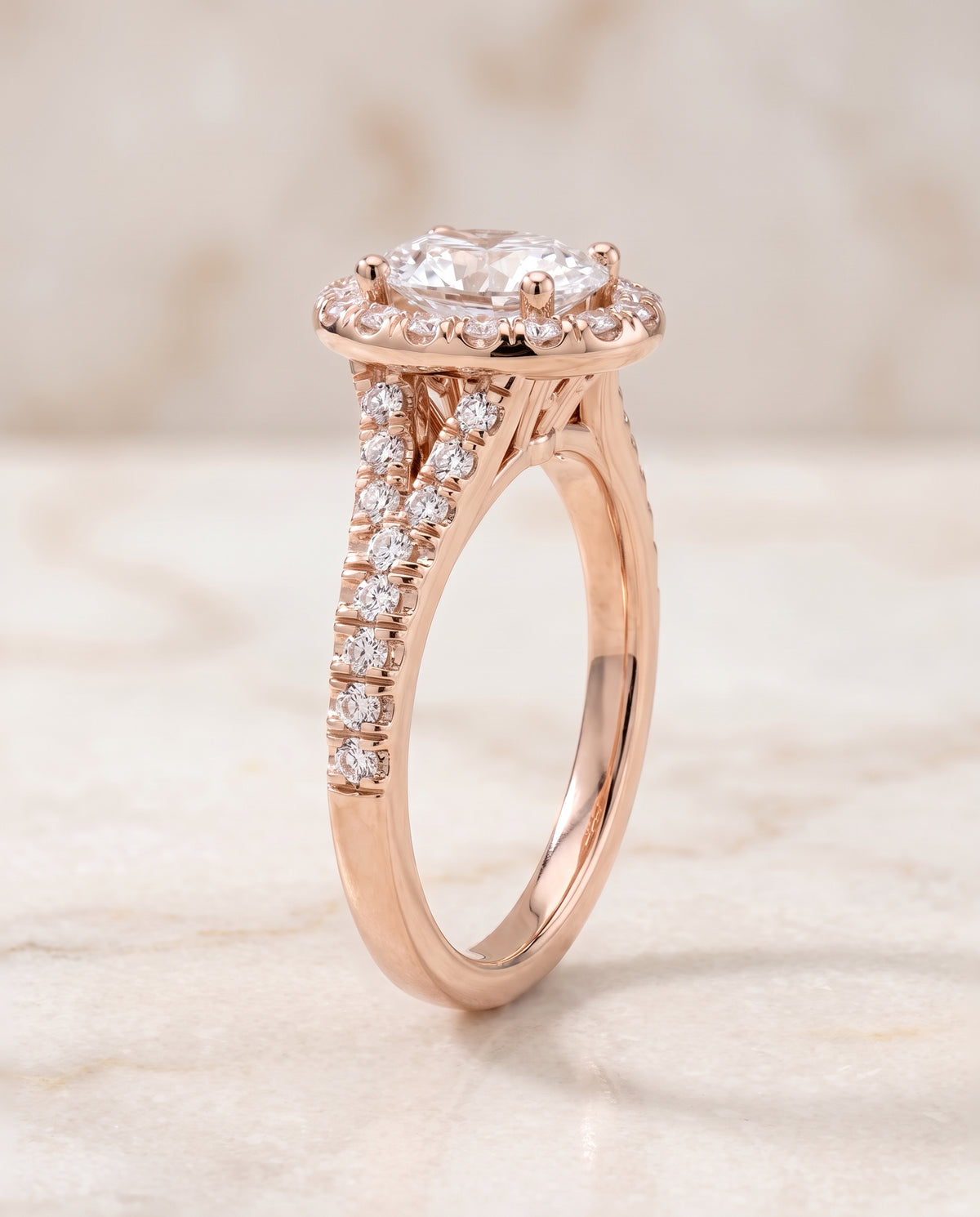The Calliope Petite Split Shank Halo Oval Engagement Ring Setting in 14K Rose Gold