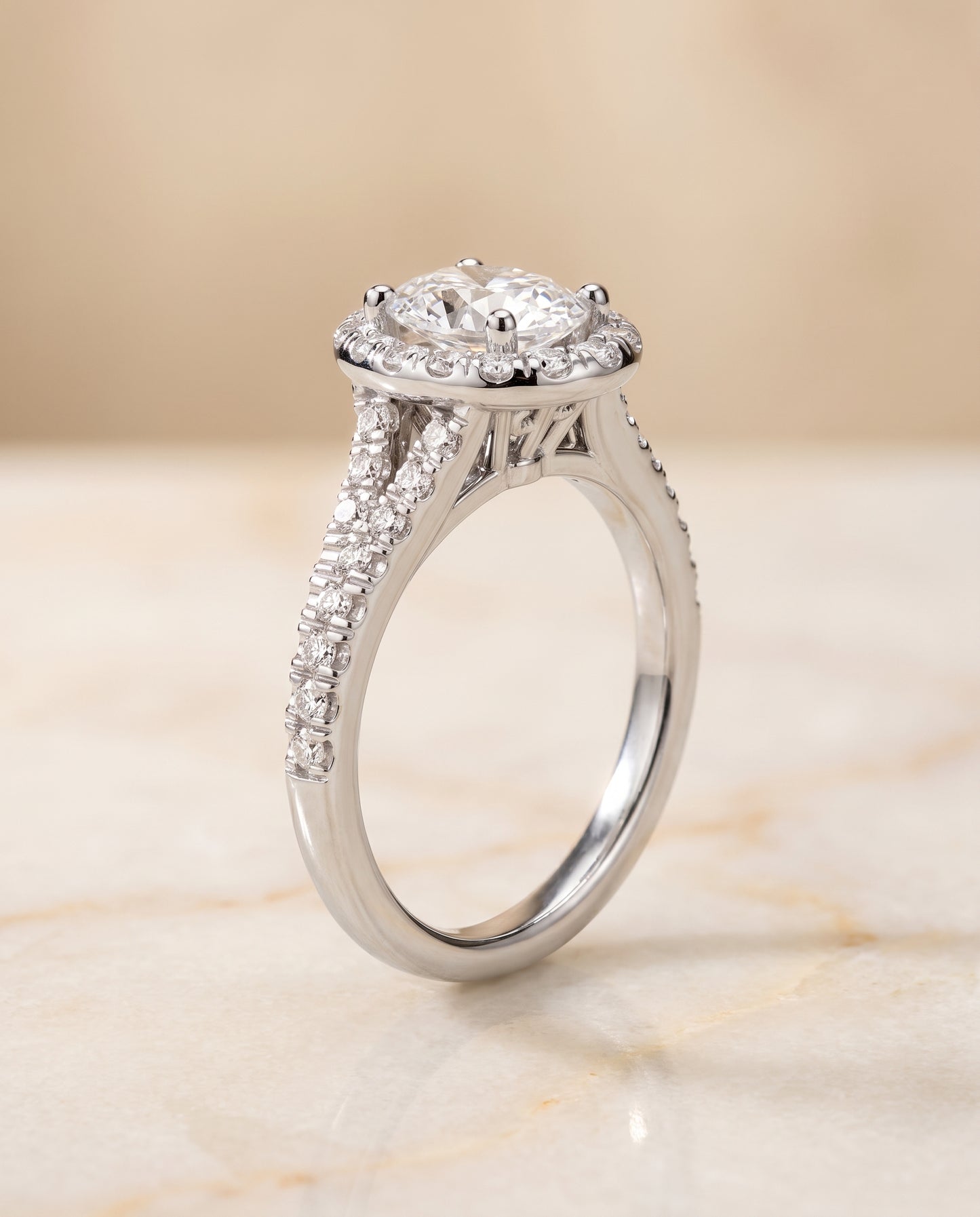 The Calliope Petite Split Shank Halo Oval Engagement Ring Setting in Platinum