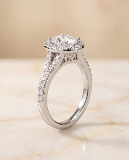 The Calliope Petite Split Shank Halo Oval Engagement Ring Setting in Platinum