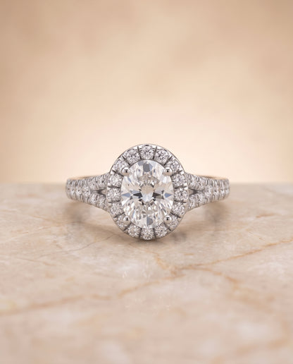 The Calliope Petite Split Shank Halo Oval Engagement Ring Setting in Platinum