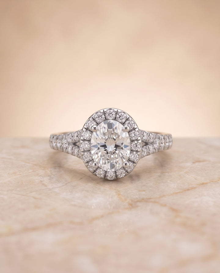 The Calliope Petite Split Shank Halo Oval Engagement Ring Setting in Platinum