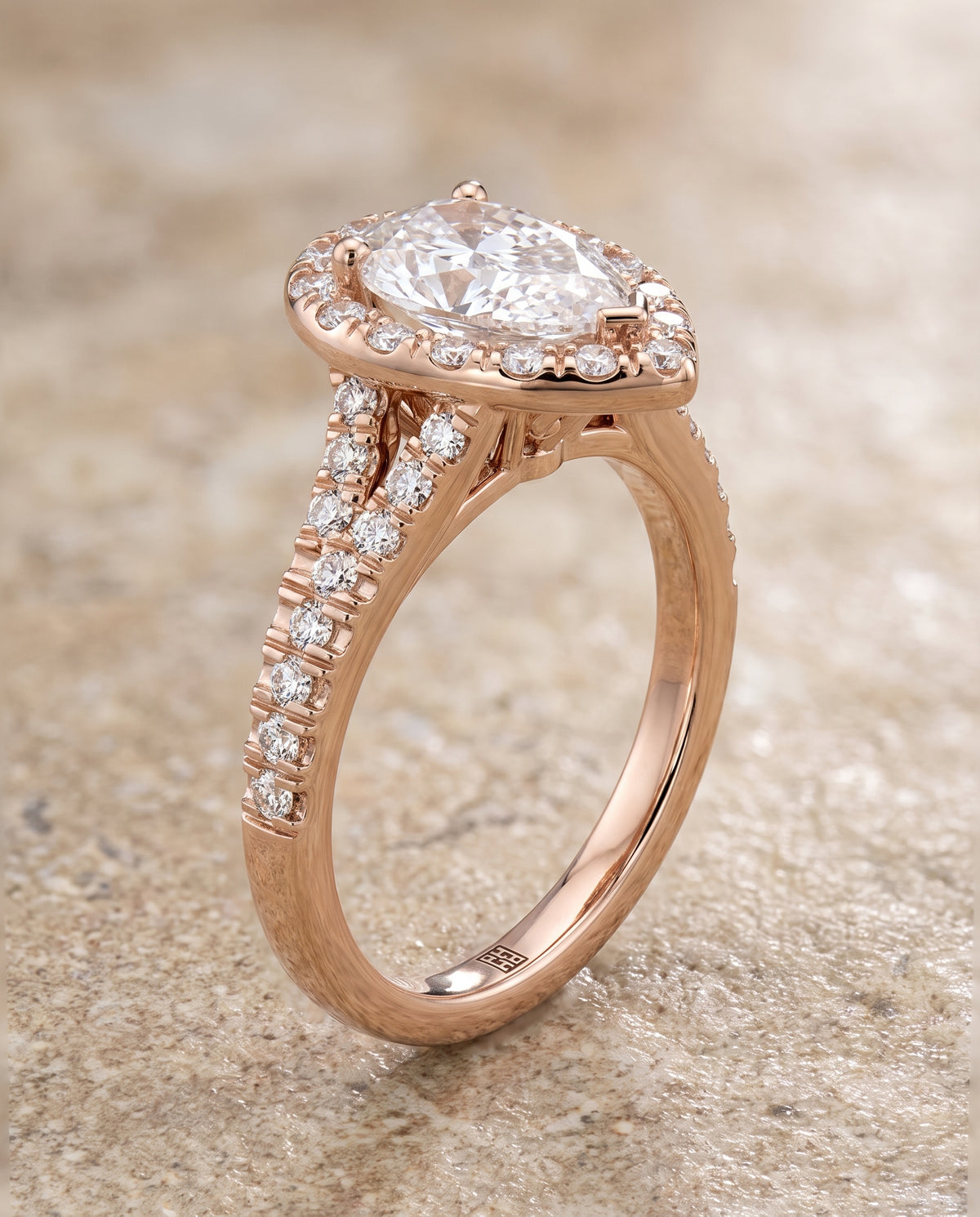 The Calliope Petite Split Shank Halo Pear Engagement Ring Setting in 14K Rose Gold