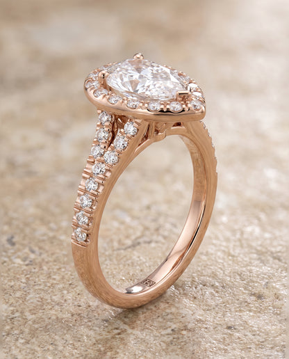 The Calliope Petite Split Shank Halo Pear Engagement Ring Setting in 14K Rose Gold