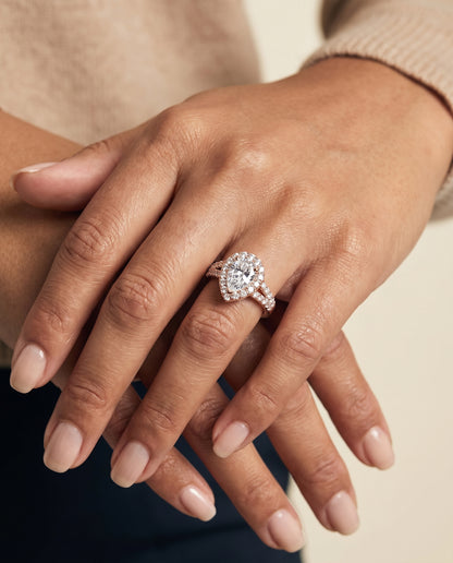 The Calliope Petite Split Shank Halo Pear Engagement Ring Setting in 14K Rose Gold